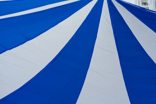Blue and white striped canvas tent roof