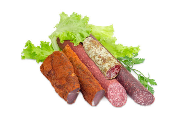 filetto di maiale essiccato e diverse varietà di salsicce - sausage horse meat salami foto e immagini stock