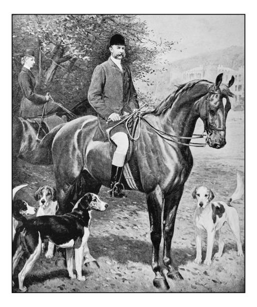 Antique photo of paintings: Man on horse Antique dotprinted photo of paintings: Man on horse two men hunting stock illustrations