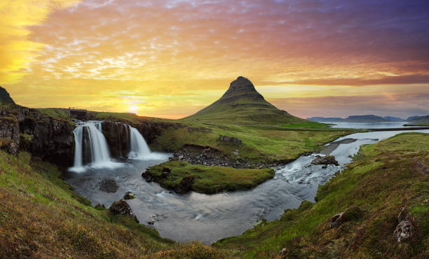 istock Iceland landscape with volcano and waterfall 641721380