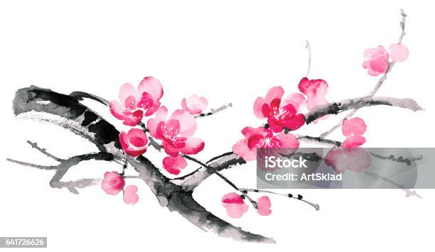 Ink Illustration Of Sakura Sumie Style Stock Illustration - Download Image Now - Oriental Cherry Tree, Japan, Cherry Blossom