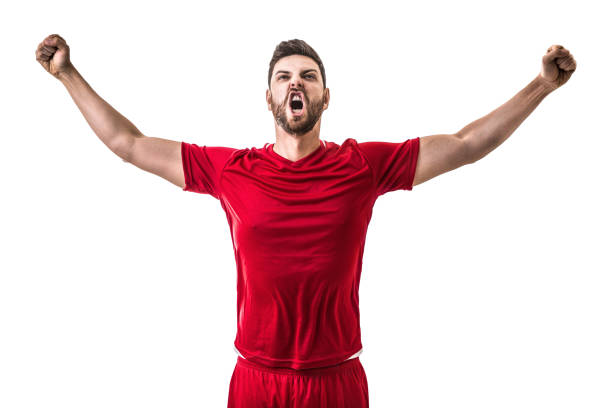 istock Fan / Sport Player on red uniform celebrating on white background 641727088