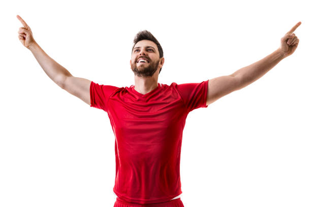 istock Fan / Sport Player on red uniform celebrating on white background 641727108