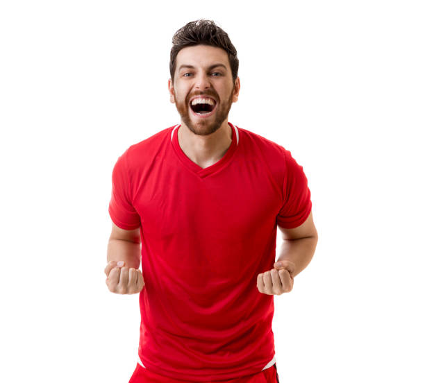 istock Fan / Sport Player on red uniform celebrating on white background 641727238