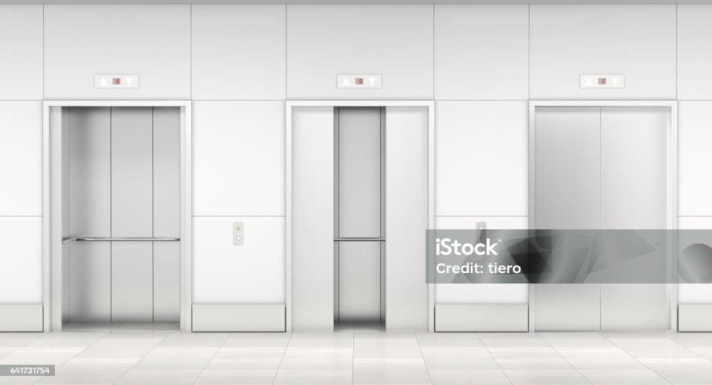 modern elevator 3d modern steel elevatore 3d rendering image Elevator Stock Photo