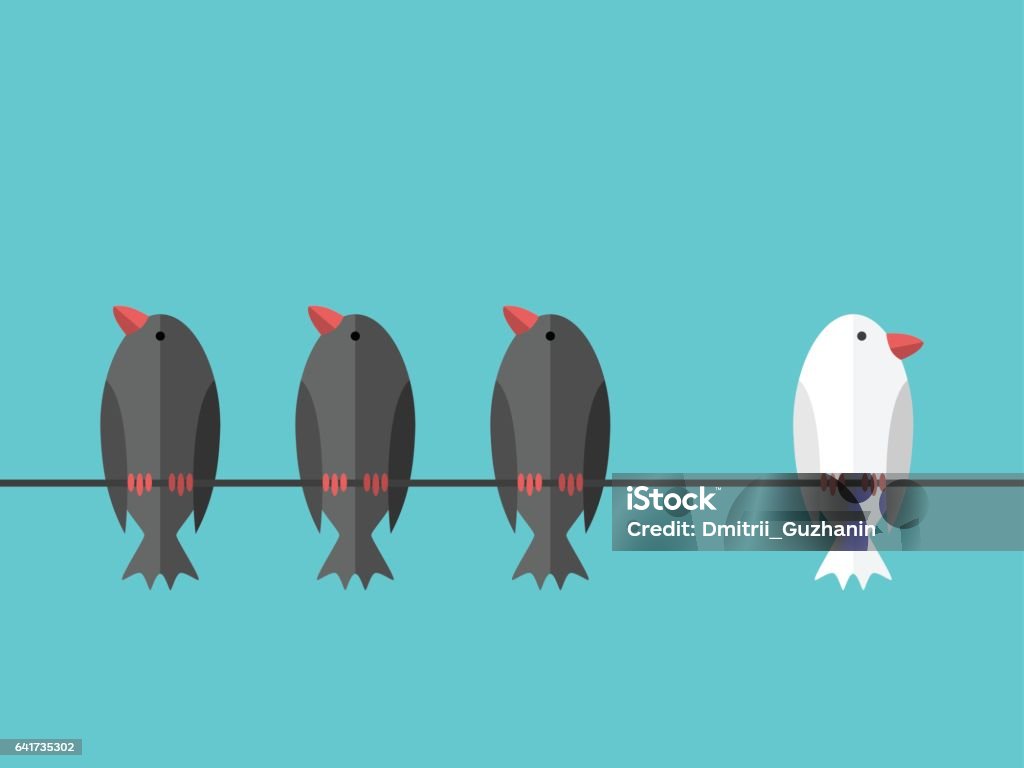 White unique independent bird Single white unique bird perching on wire aside of many black ones on blue sky background. Courage, will power and individuality concept. Flat design. EPS 8 vector illustration, no transparency Standing Out From The Crowd stock vector