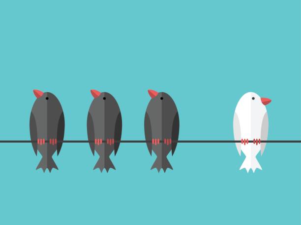 White unique independent bird Single white unique bird perching on wire aside of many black ones on blue sky background. Courage, will power and individuality concept. Flat design. EPS 8 vector illustration, no transparency bird human stock illustrations