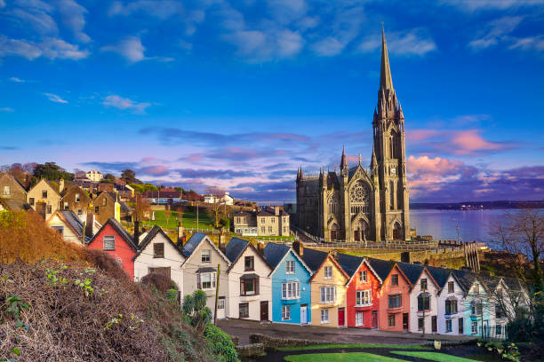 Houses and catherdral in Cobh, Ireland stock photo
