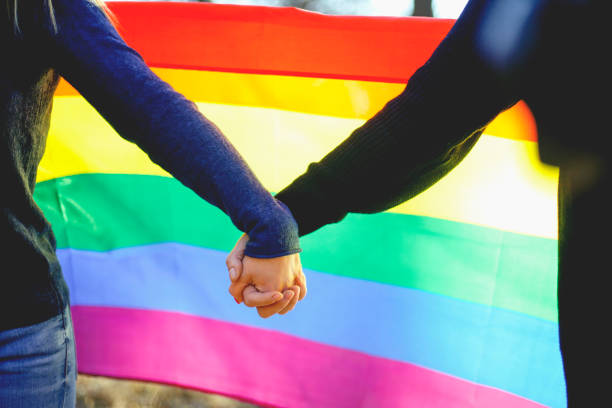 istock Two female friends holding hands and rainbow flag 641739938