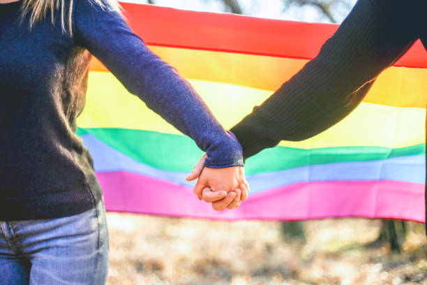 istock Lesbian girls with rainbow hands 641740190
