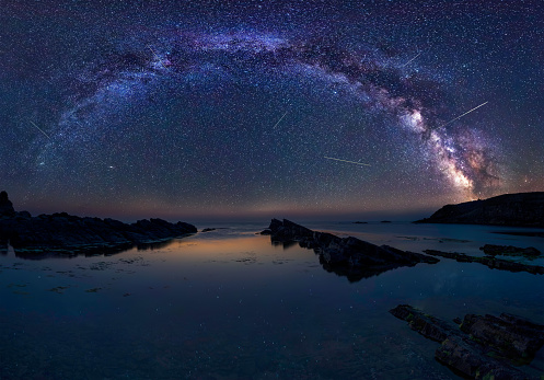Long time exposure night landscape with Milky Way Galaxy during the Perseids flow above the Black sea, Bulgaria