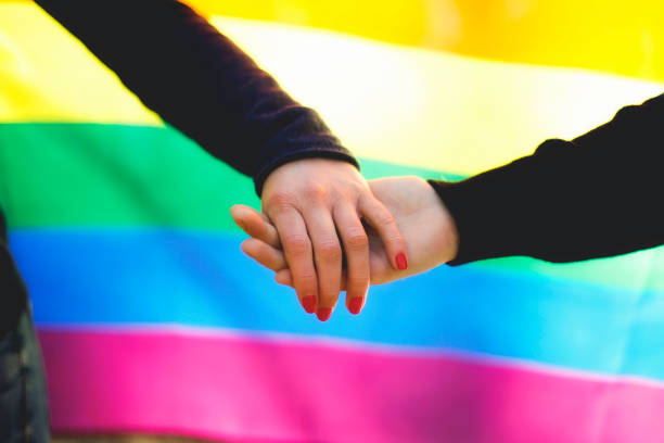 istock Homosexual couple holding hands and rainbow flag 641741278