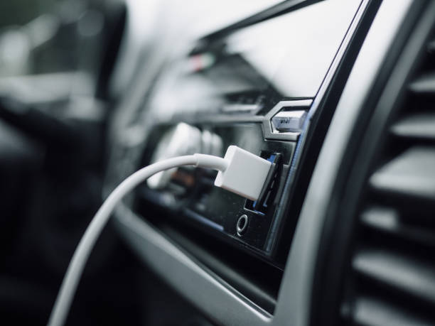 USB cable in the car stereo stock photo