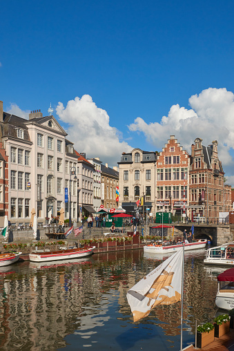 Canal and waterfront houses in Ghent. View to old Fish Market Square.
