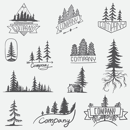 Hand drawn forest logo badge set. Retro collection of outdoor wildlife adventure company