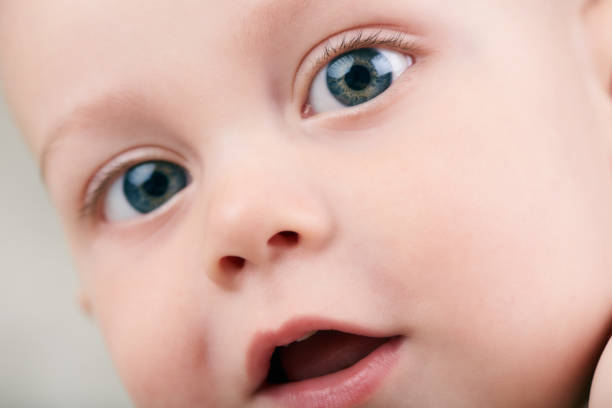 istock Baby boy with large blue eyes looking into camera 641748920