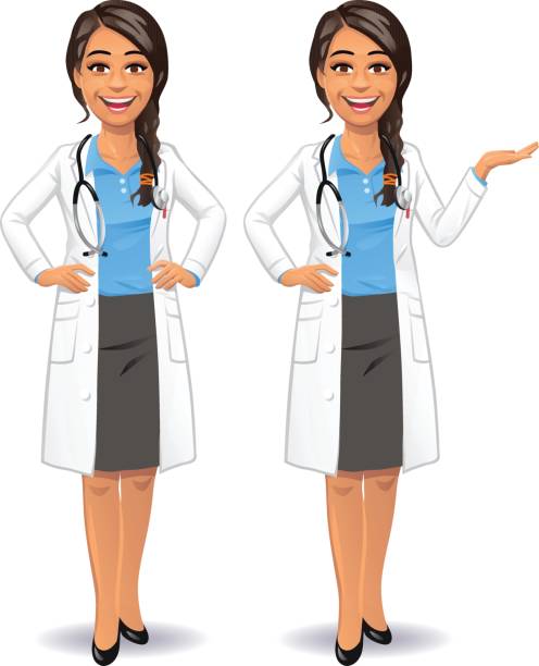 Young Female Doctor Vector illustration of a smiling young female doctor with a stethoscope, wearing a blue shirt, a dark gray skirt and a lab coat against white backround. In two poses: having her hands on her hips and holding her hand out in a presenting gesture. She is smiling or talking and looking at the camera. black hair braiding stock illustrations