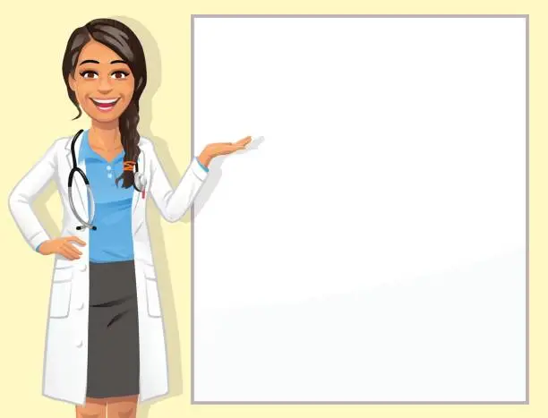 Vector illustration of Young Female Doctor In Front Of Blank Sign