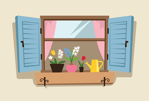 Cute spring window with flowers and shutters.