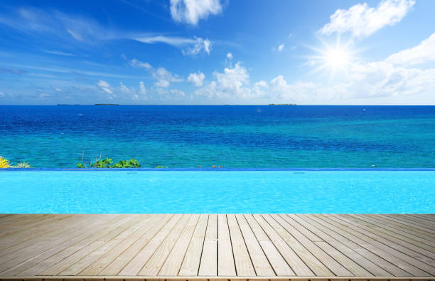 istock Wooden footbridge beside infinity pool 641754980