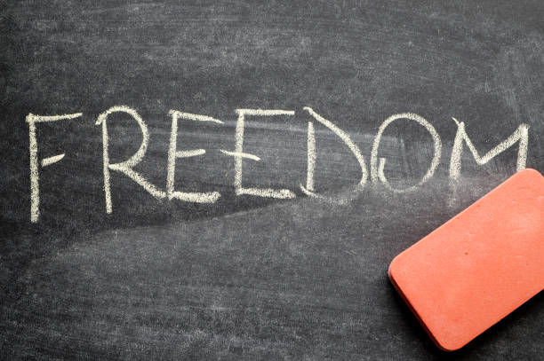 istock erasing freedom, hand written word on blackboard being erased concept 641755132