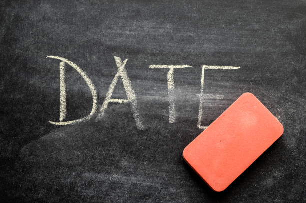 istock erasing date, hand written word on blackboard being erased concept 641755580