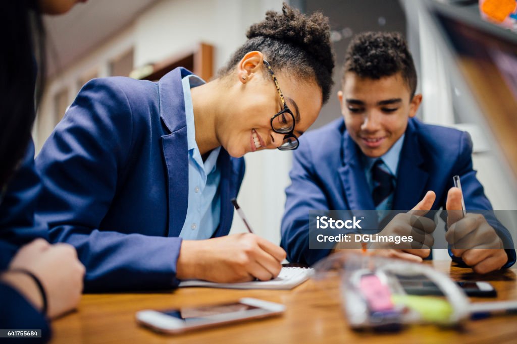 Trabajando juntos en clase - Foto de stock de Estudiante de secundaria libre de derechos