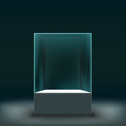 Glass showcase for the exhibition in the form of a cube. Stock vector illustration.