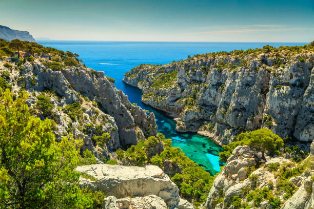 Spectacular Calanques D'En Vau in Cassis near Marseille, France Breathtaking viewpoint on the cliffs, Calanques D'En Vau bay, Calanques National Park near Cassis fishing village, Provence, South France, Europe bouches du rhone photos stock pictures, royalty-free photos & images