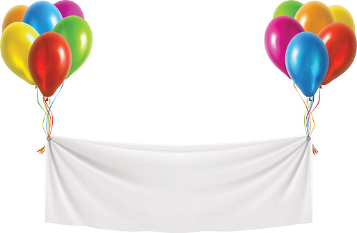 White festive banner with balloons. Vector illustration.