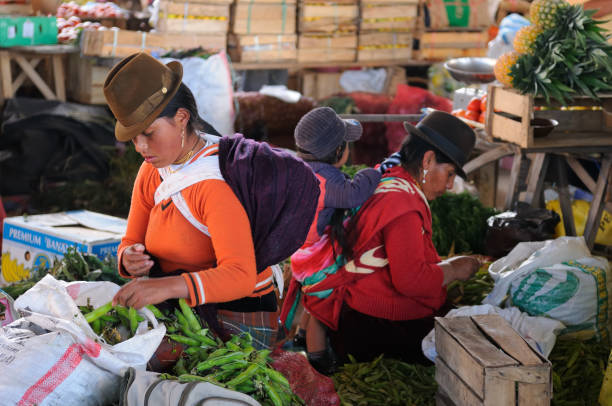 Ecuador, Saquisili - September 08: Ecuadorian ethnic women in national clothes selling agricultural products and other food items on a market in the Saquisili village on September 08, 2012 in Saquisili