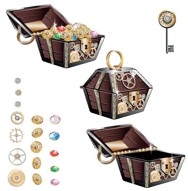 винтажный деревянный сундук с золотыми монетами и драгоценными камнями - token gold coin treasure stock illustrations
