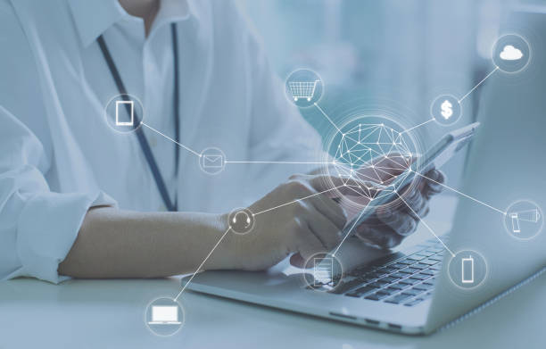 istock Man using digital device make payments online shopping and icon customer network connection on screen. 641768580