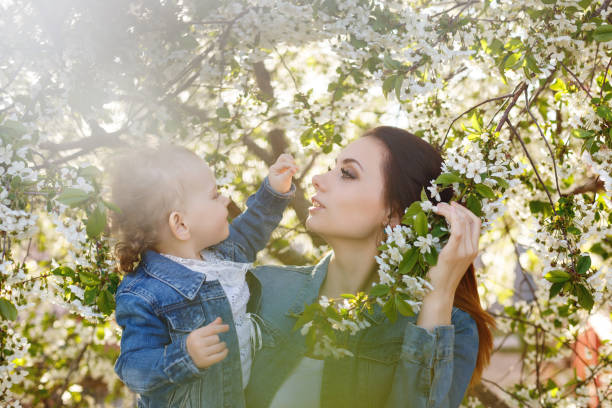 istock Mother and daughter near a flowering tree 641769408