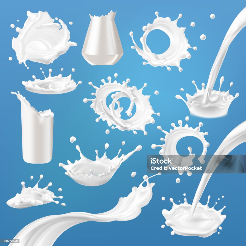 Set of 3D vector milk splash and pouring Set of 3D vector milk splash and pouring isolated on a blue background. Realistic style Milk stock vector