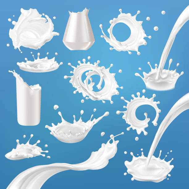 Set of 3D vector milk splash and pouring Set of 3D vector milk splash and pouring isolated on a blue background. Realistic style pouring stock illustrations