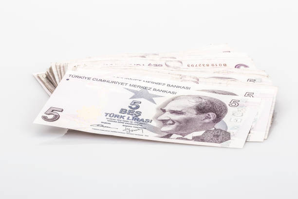 Turkish lira banknotes on white stock photo