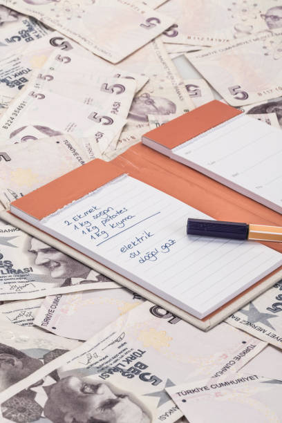 istock Shopping and expenses list on Turkish lira banknotes 641783388