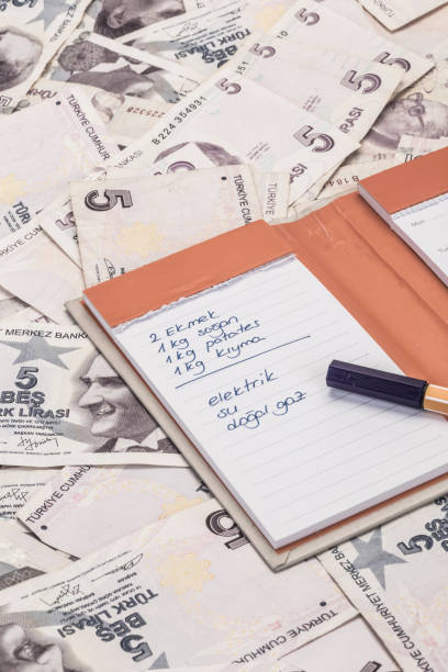 istock Shopping and expenses list on Turkish lira banknotes 641783402