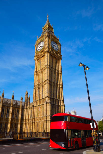 istock Big Ben Clock Tower and London Bus 641783616