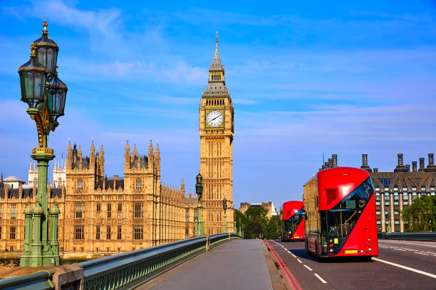 istock Big Ben Clock Tower and London Bus 641783948
