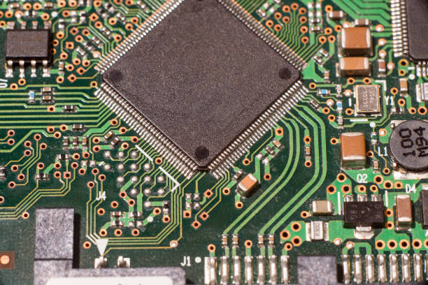 istock Close up of electronic circuit board with microchip 641783960