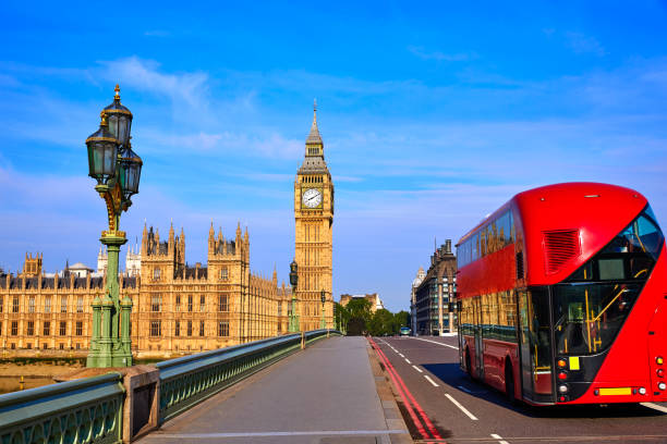 istock Big Ben Clock Tower and London Bus 641784082
