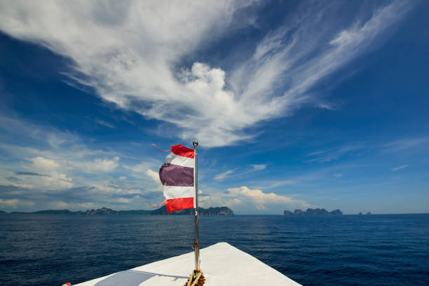 istock Thailand flag with boat sails to Koh Phi Phi island, Thailand 641787484