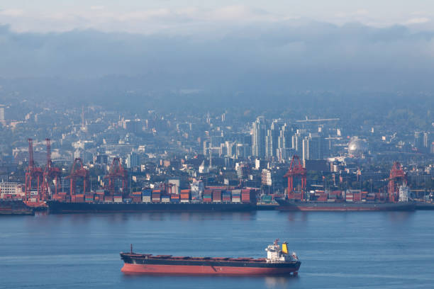 High angle cityscape of downtown Vancouver in British Columbia, Canada.