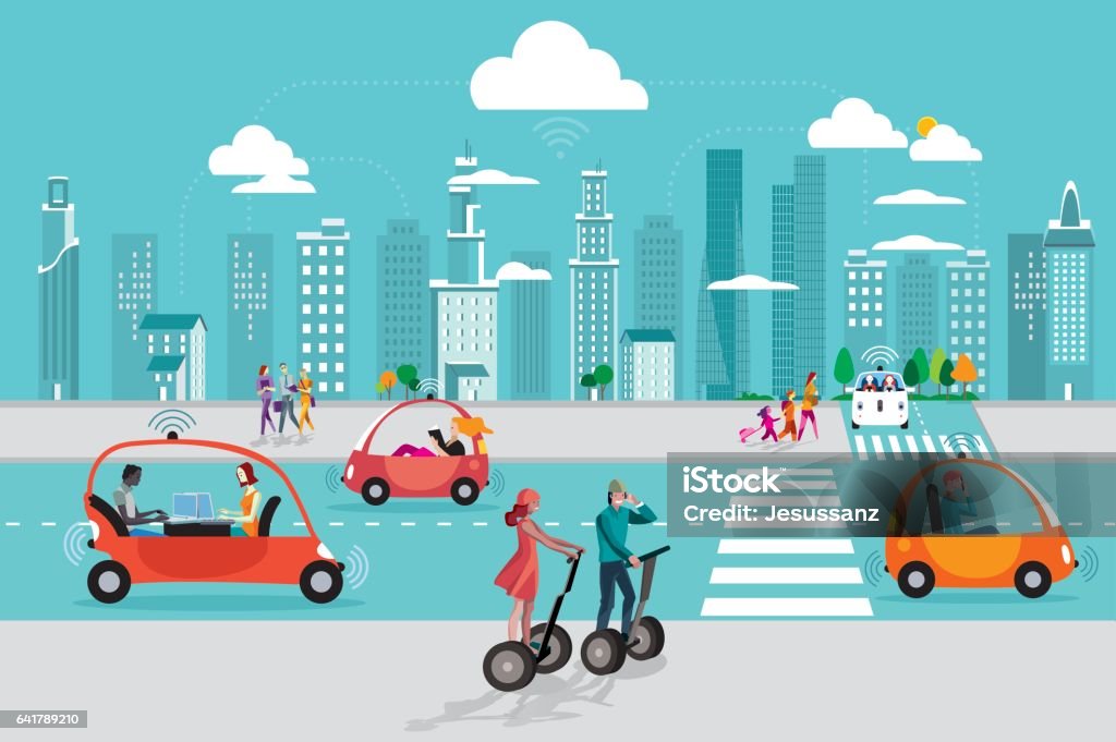 Driverless Autonomous Car in the City Road in the city with autonomous Driverless cars and people walking on the street. In the background skyline skyscrapers. City stock vector