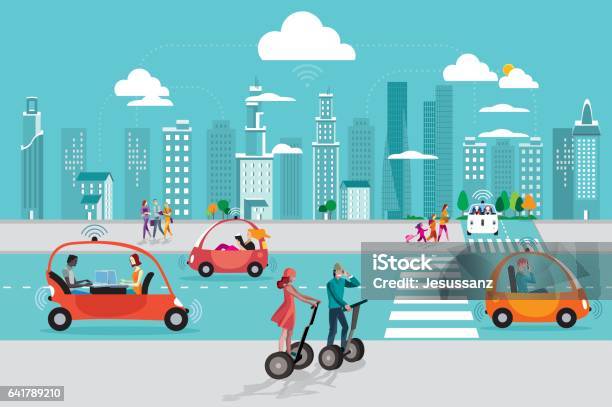 Driverless Autonomous Car In The City Stock Illustration - Download Image Now - City, Futuristic, Transportation