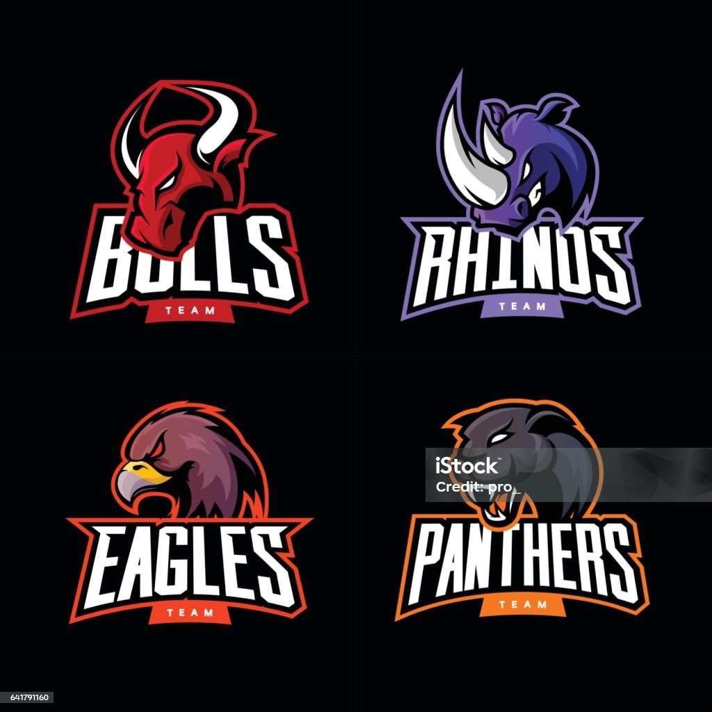 Furious rhino, bull, eagle and panther sport vector logo concept set isolated on dark background. Furious rhino, bull, eagle and panther sport vector logo concept set isolated on dark background.  Logo stock vector