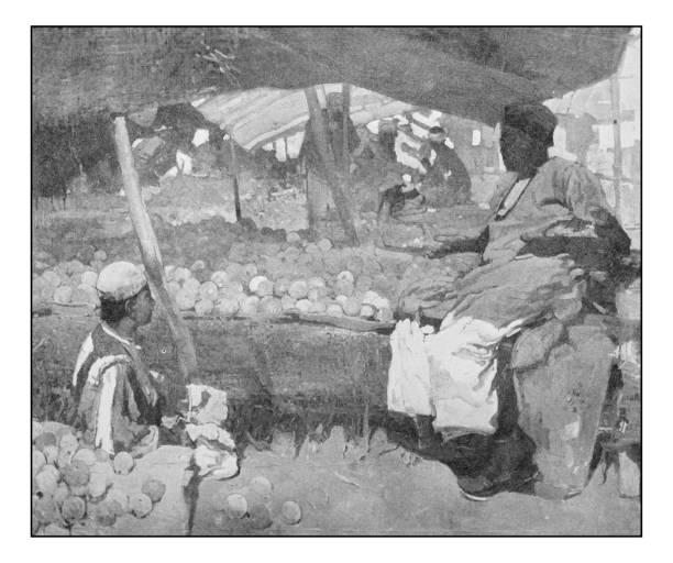 Antique dotprinted photo of paintings: Orange vendor