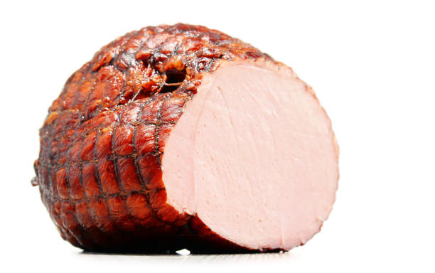 istock Piece of ham isolated on white background 641797966